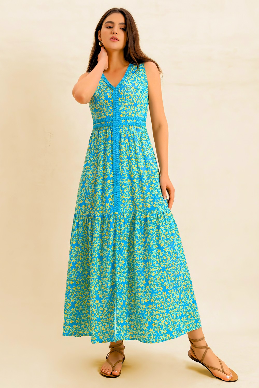 Slit Printed V-Neck Sleeveless Dress.