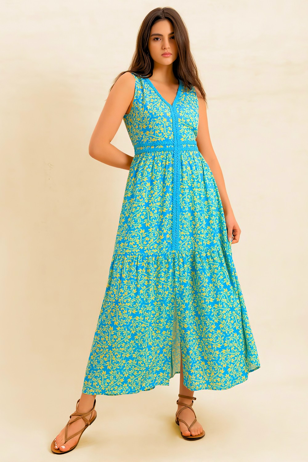 Slit Printed V-Neck Sleeveless Dress.