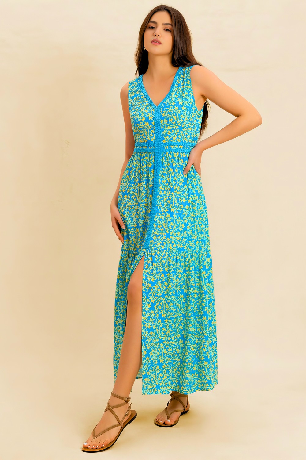 Slit Printed V-Neck Sleeveless Dress.