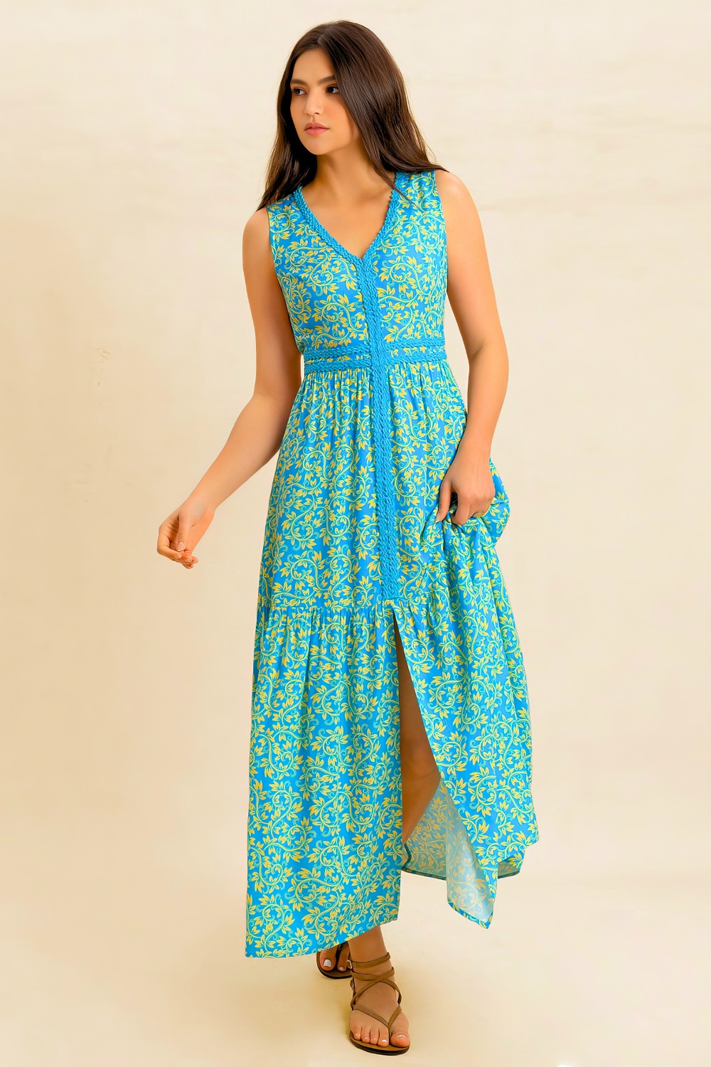 Slit Printed V-Neck Sleeveless Dress.