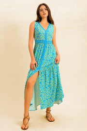 Slit Printed V-Neck Sleeveless Dress.