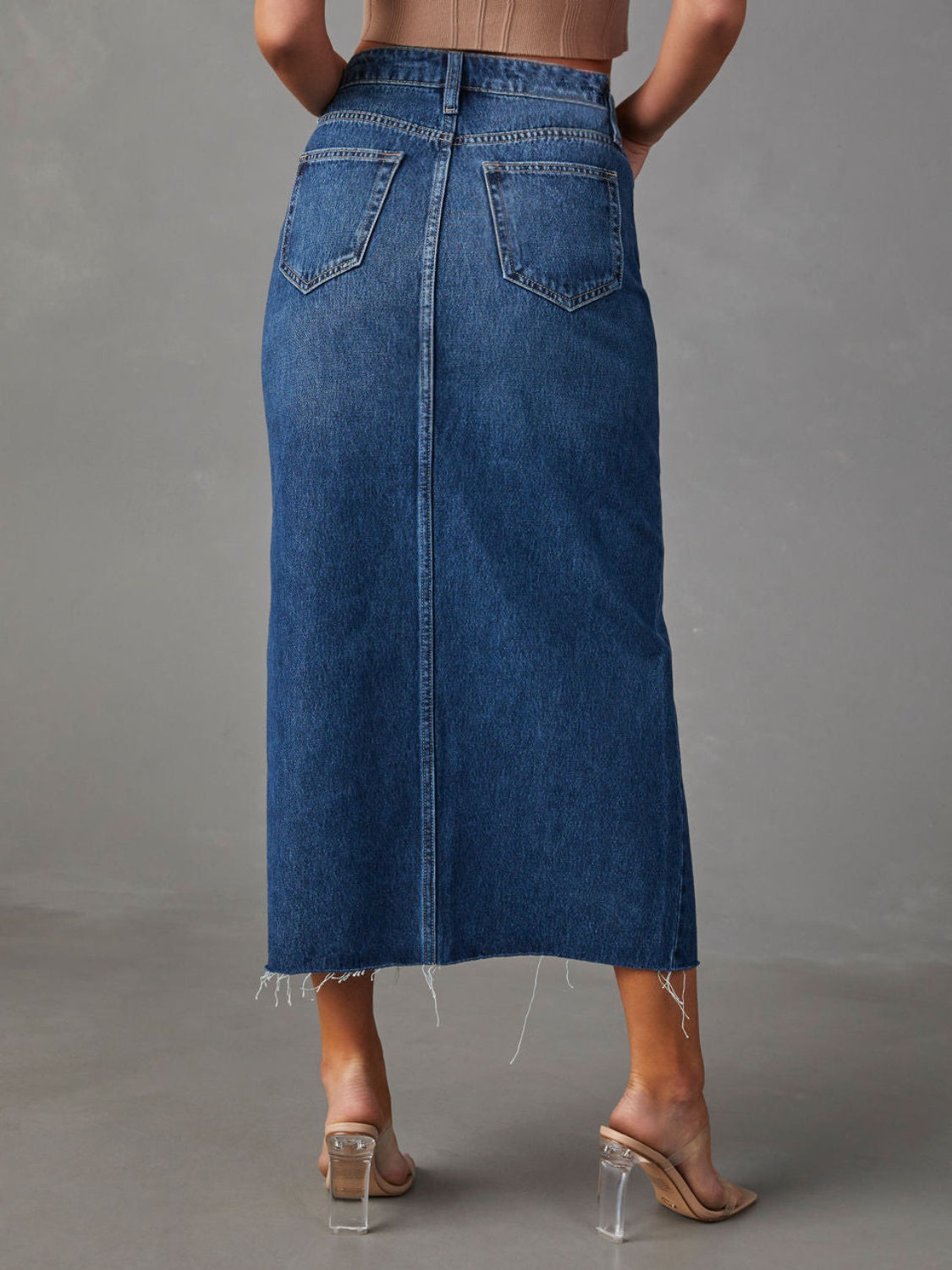 Slit Raw Hem Midi Denim Skirt.
