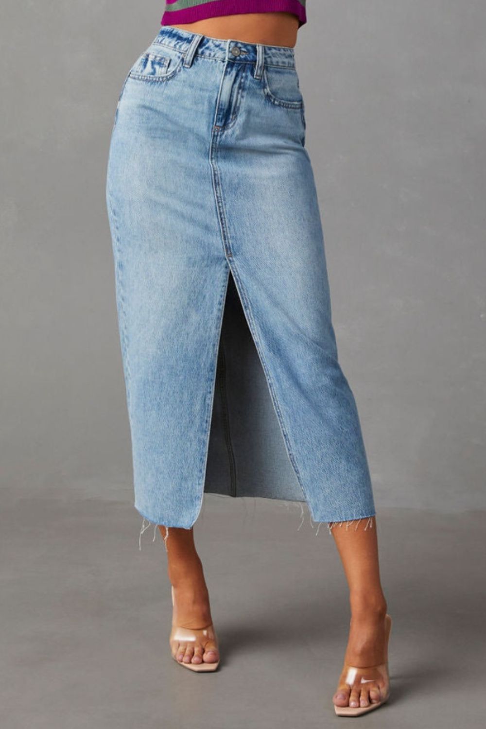 Slit Raw Hem Midi Denim Skirt.