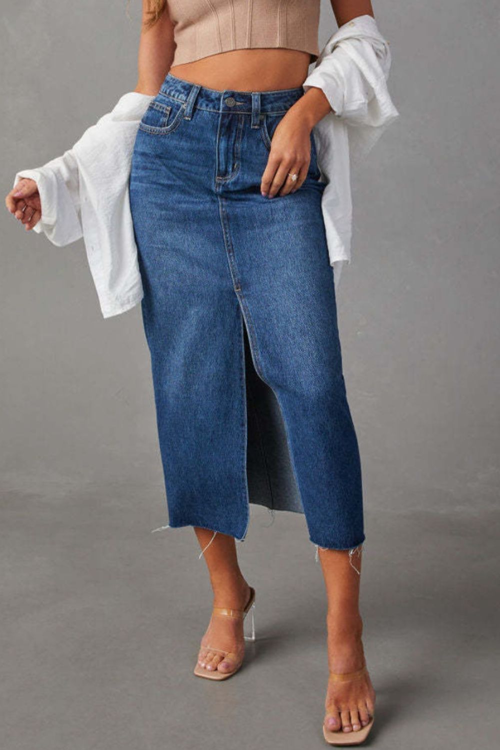 Slit Raw Hem Midi Denim Skirt.
