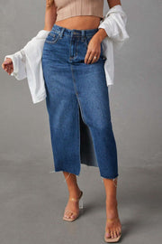 Slit Raw Hem Midi Denim Skirt.