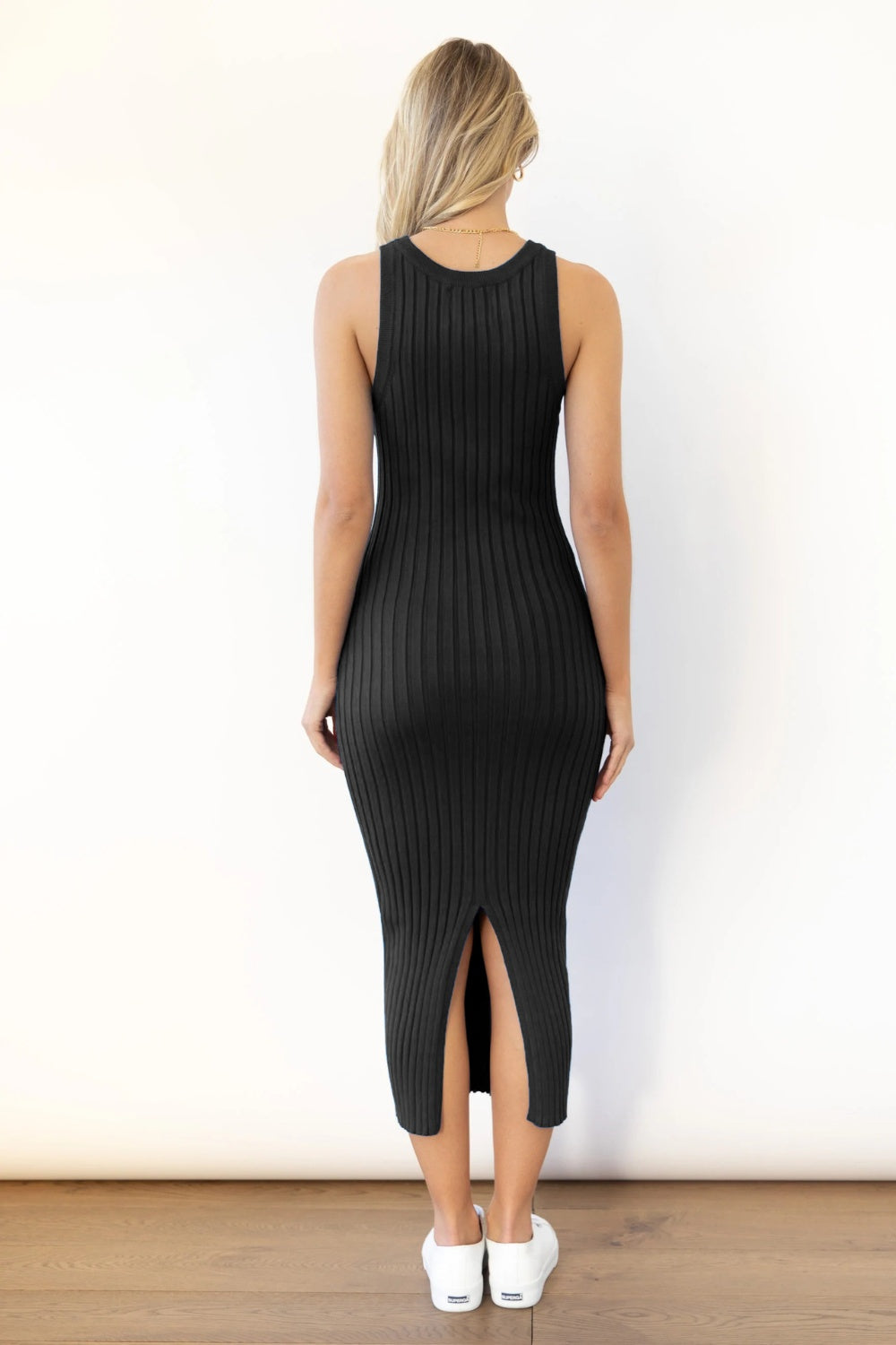 Slit Ribbed Round Neck Sleeveless Dress.