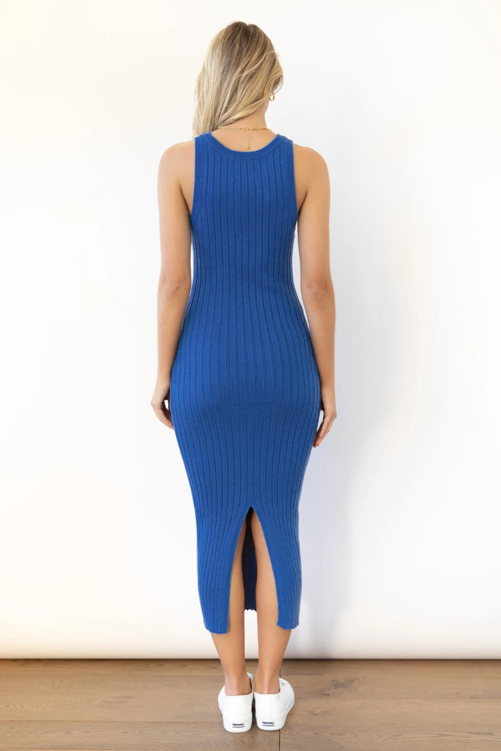 Slit Ribbed Round Neck Sleeveless Dress.