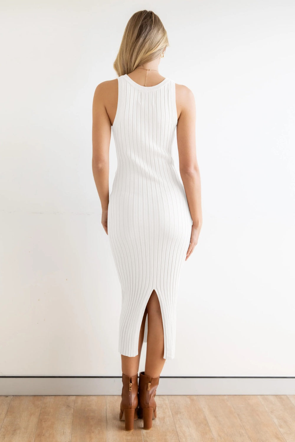 Slit Ribbed Round Neck Sleeveless Dress.