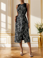 Perfee Slit Rose Round Neck Sleeveless Midi Dress.