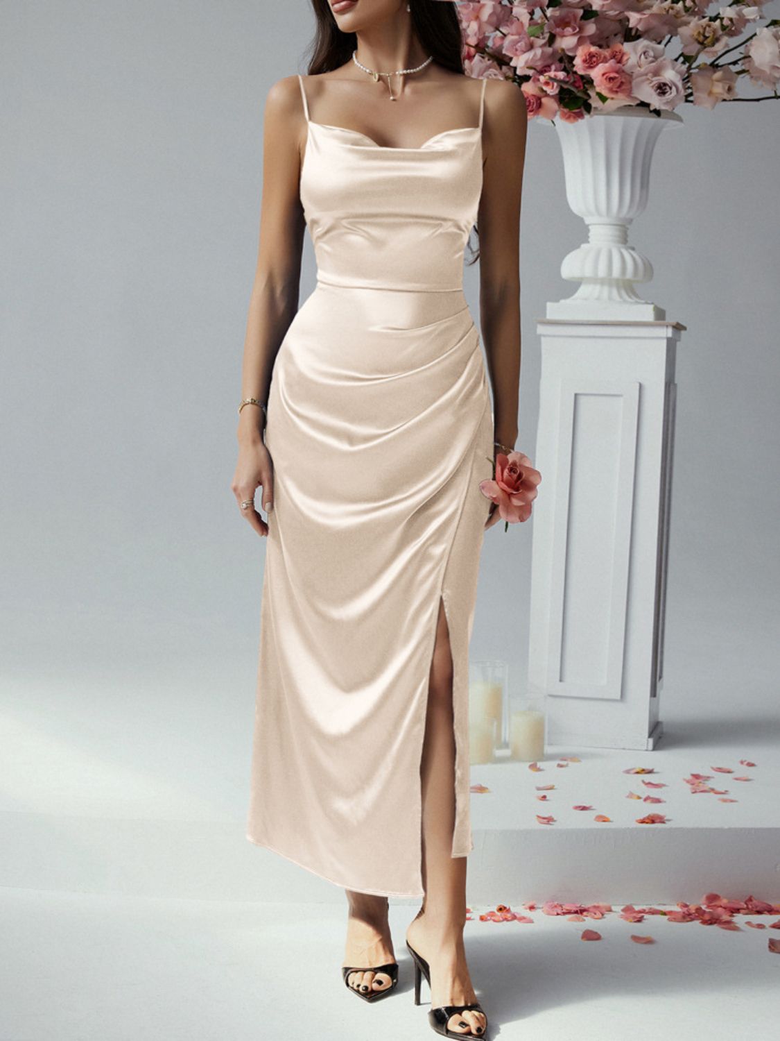 Devine Slit Ruched Maxi Cami Dress.