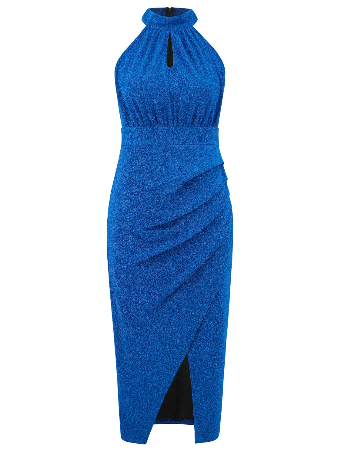 Slit Ruched Mock Neck Sleeveless Dress.