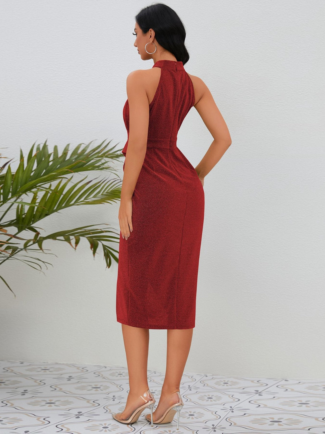Slit Ruched Mock Neck Sleeveless Dress.