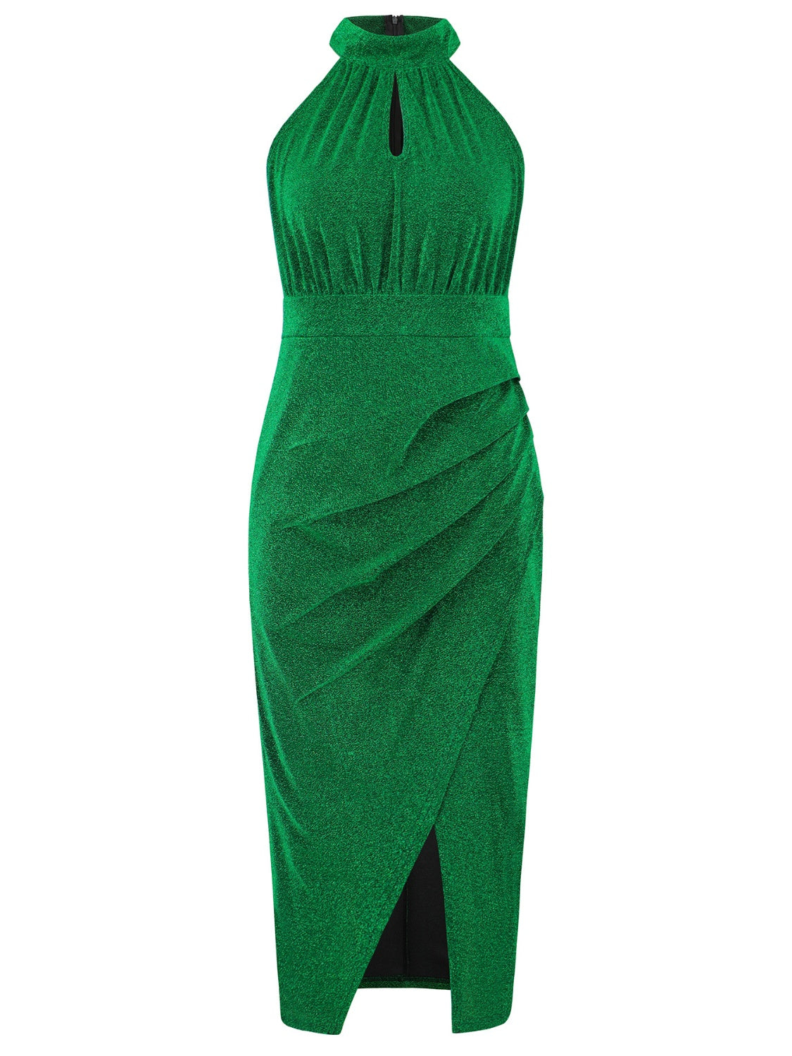 Slit Ruched Mock Neck Sleeveless Dress.