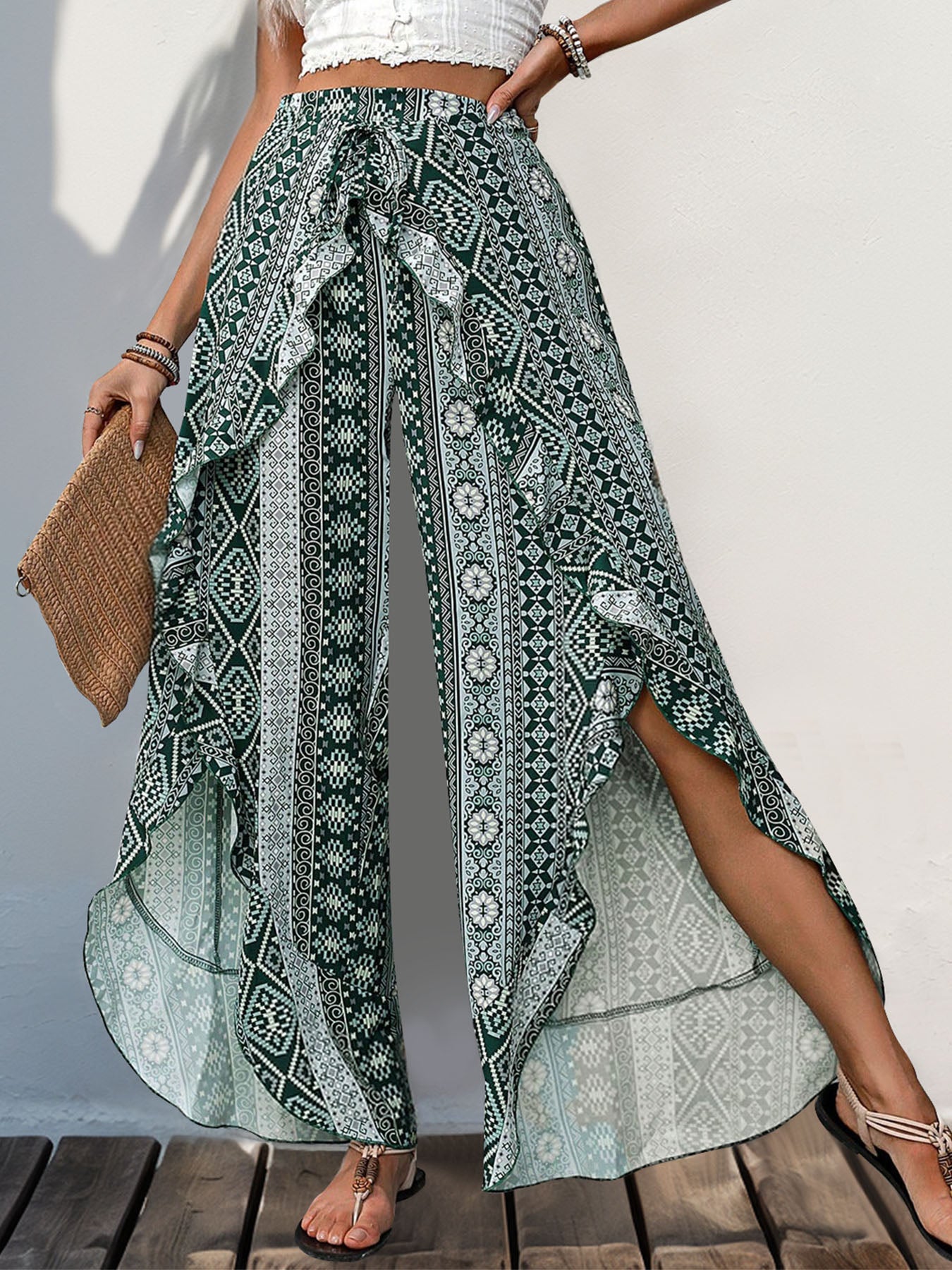 Slit ruffled geometric wide leg pants, opaque.