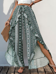 Slit ruffled geometric wide leg pants, opaque.