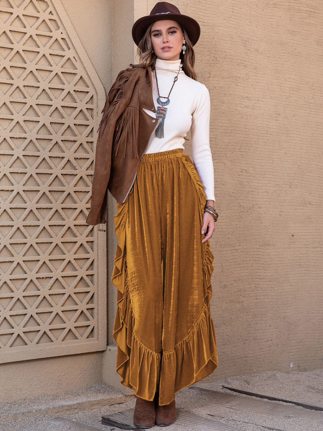Slit ruffled wide leg pants, opaque.