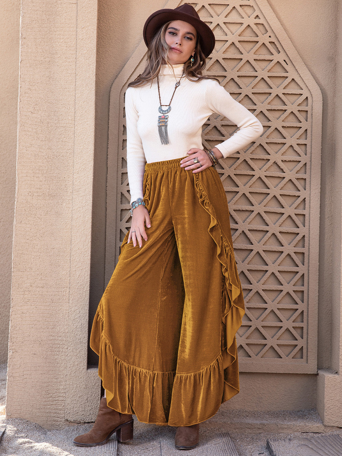 Slit ruffled wide leg pants, opaque.