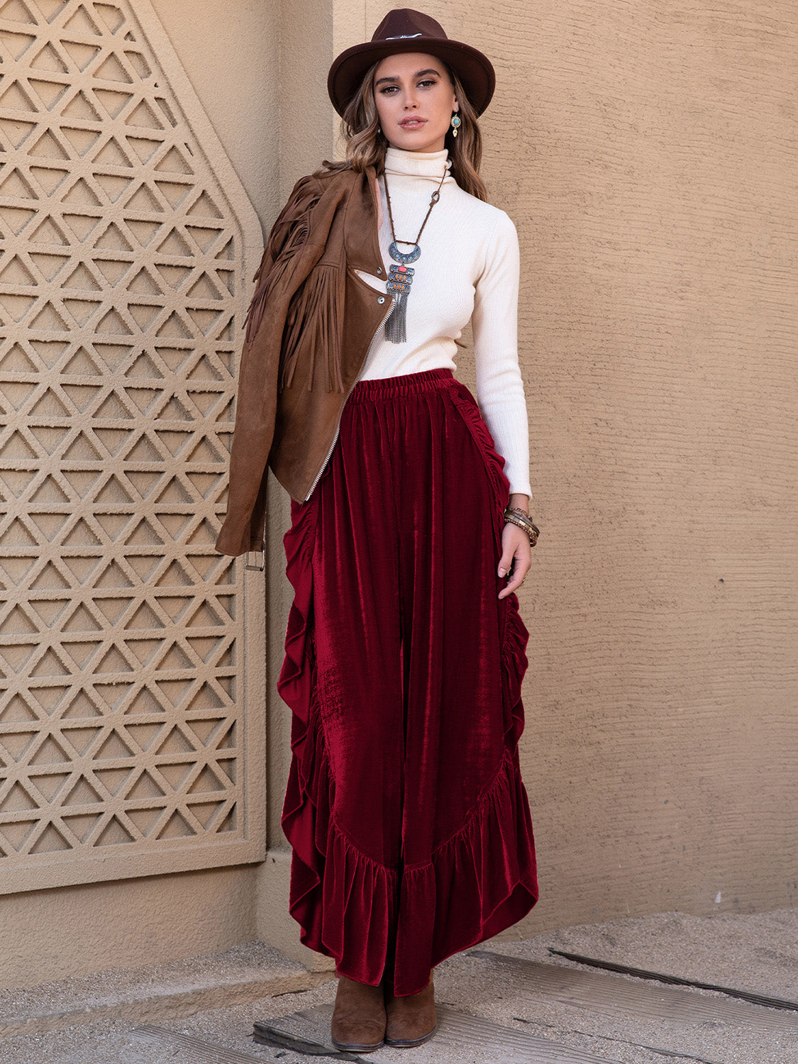 Slit ruffled wide leg pants, opaque.