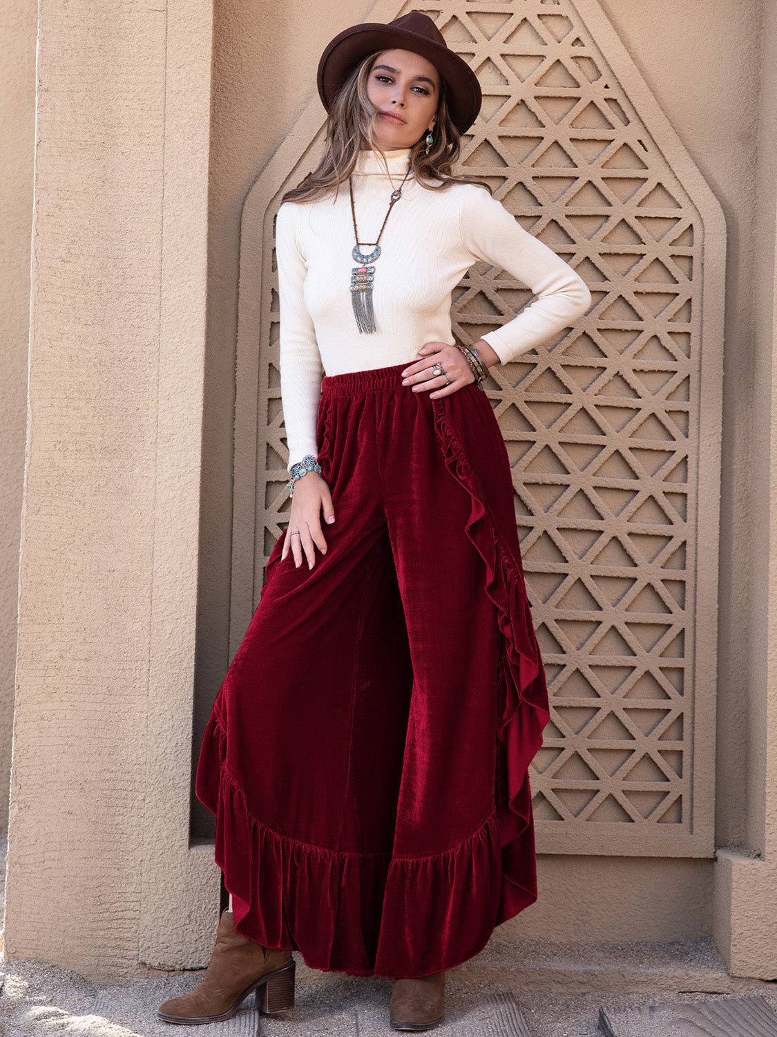 Slit ruffled wide leg pants, opaque.