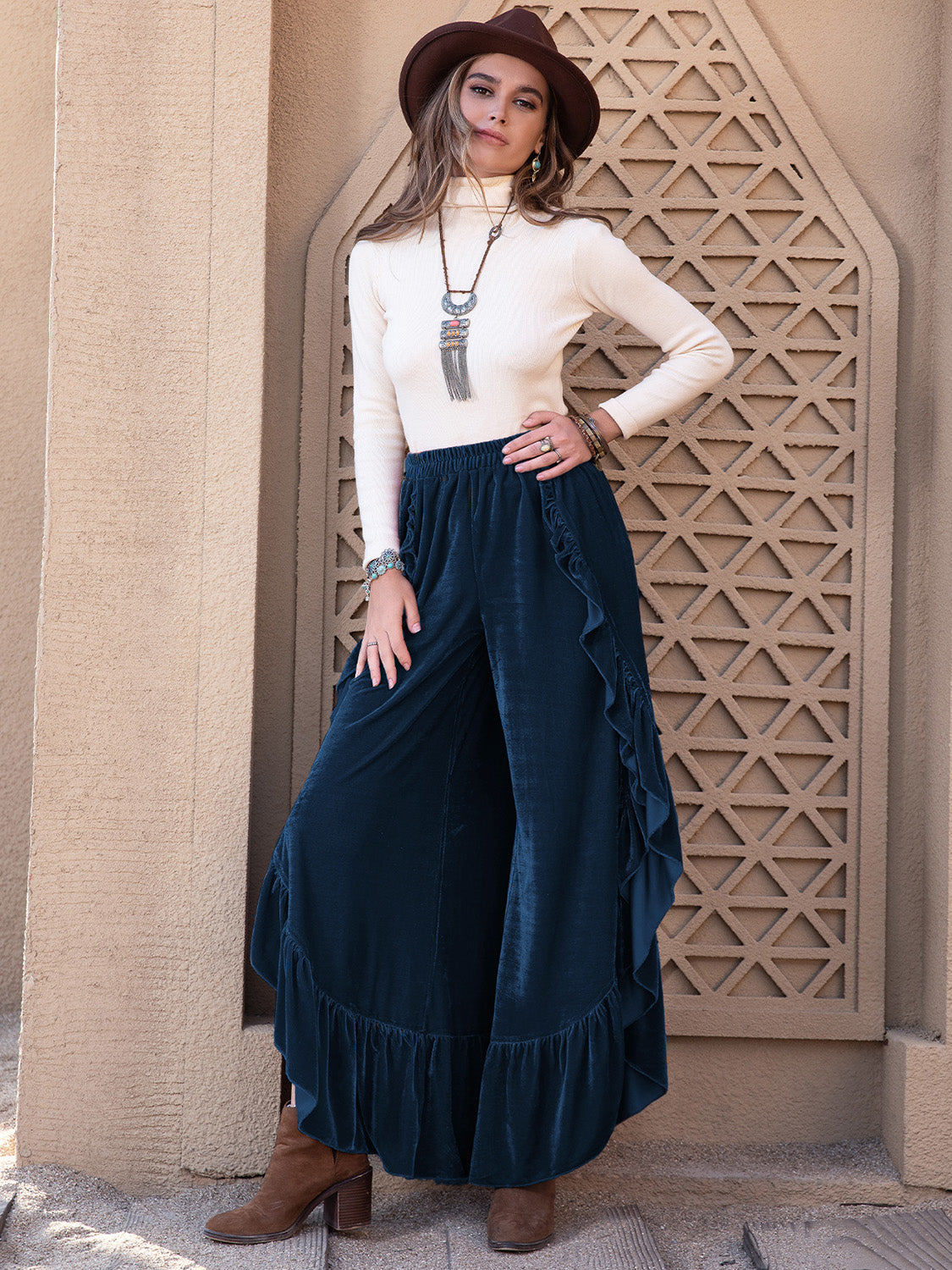 Slit ruffled wide leg pants, opaque.