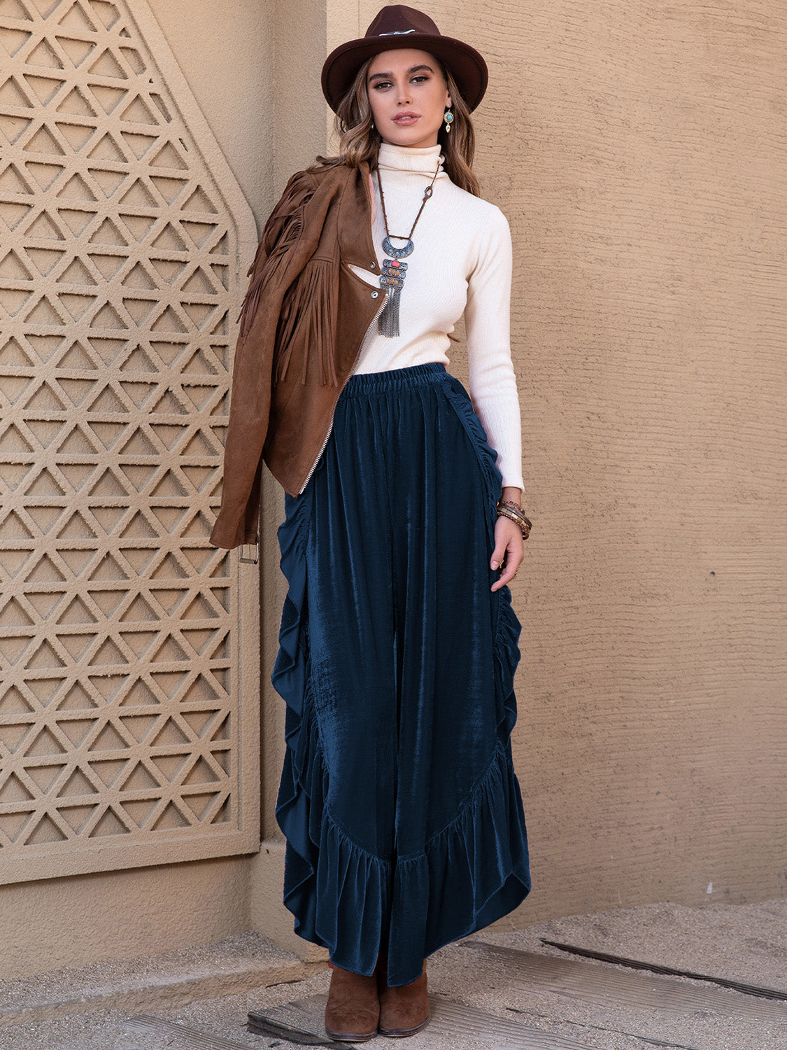Slit ruffled wide leg pants, opaque.