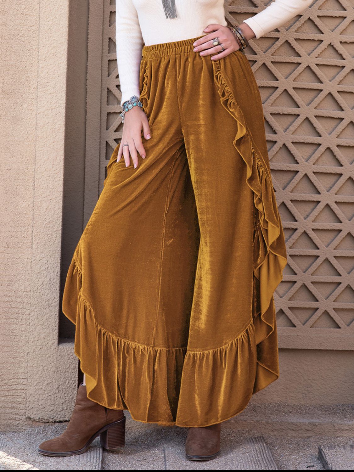 Slit ruffled wide leg pants, opaque.