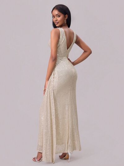 Slit Sequin Surplice Sleeveless Maxi Dress.