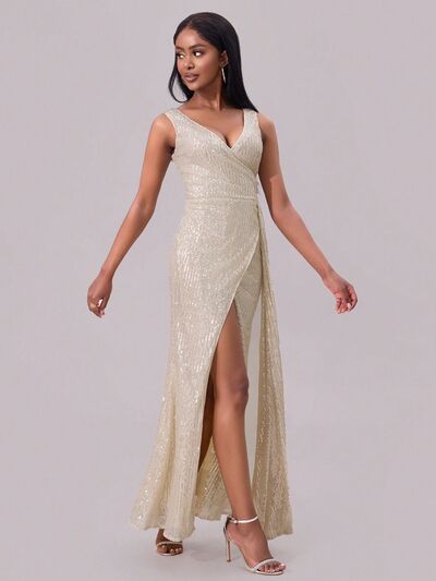 Slit Sequin Surplice Sleeveless Maxi Dress.