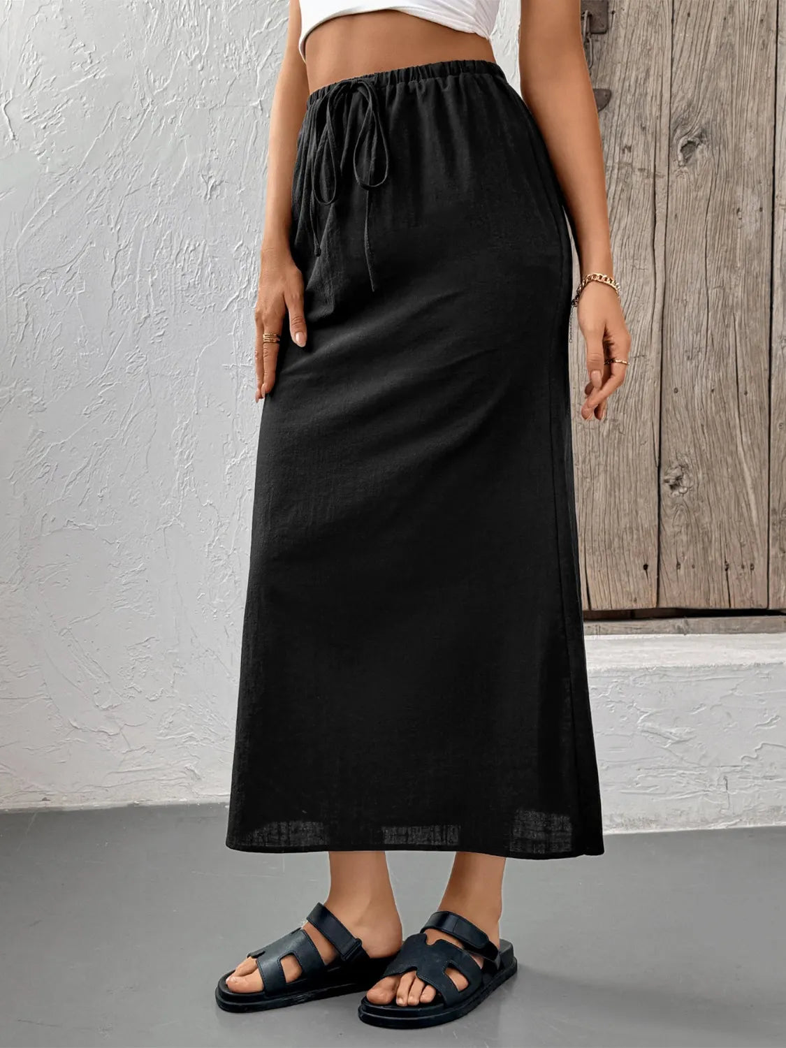 Slit Skirt with Drawstring Waist.