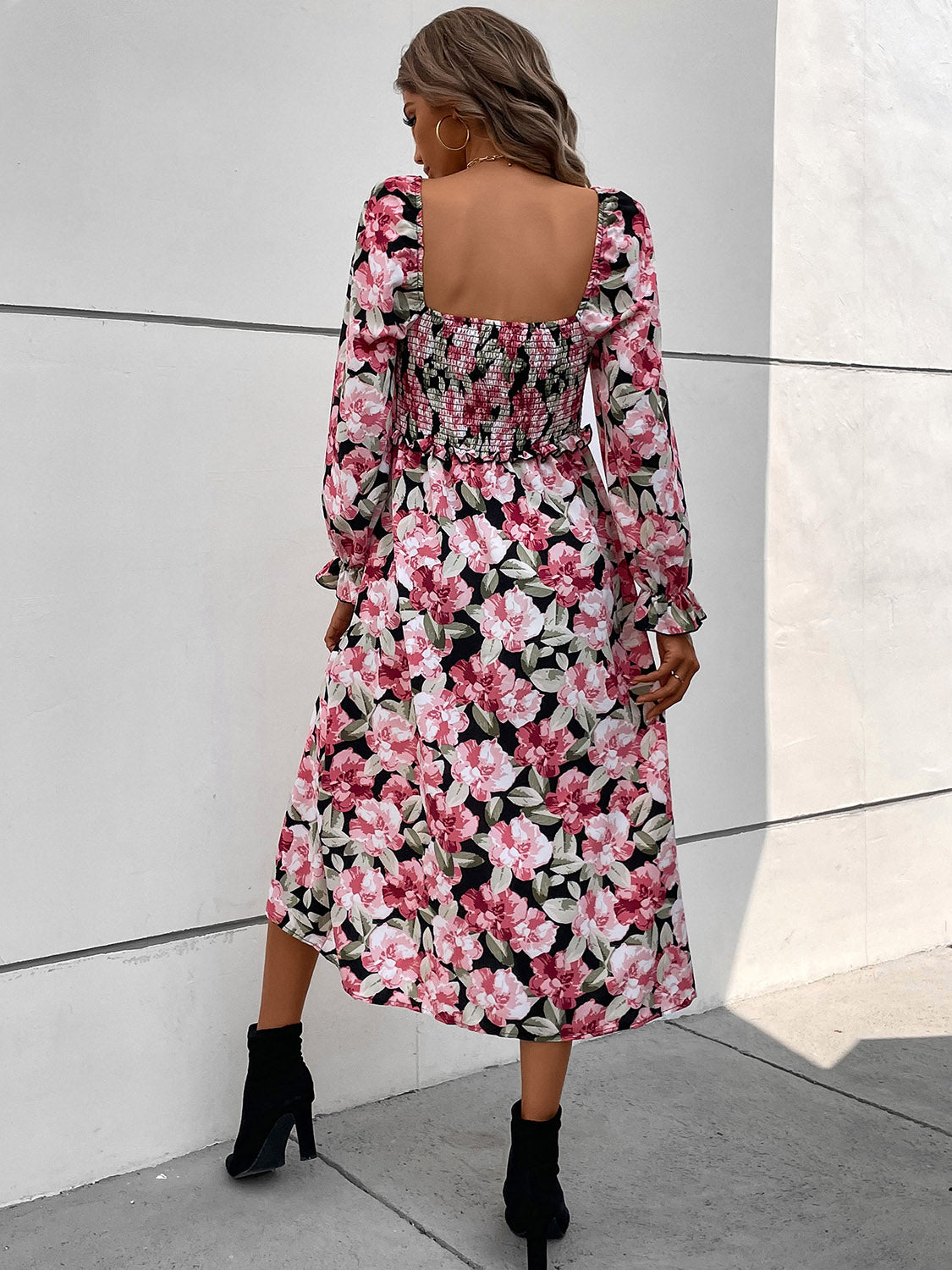 Perfee Slit Smocked Floral Flounce Sleeve Dress.