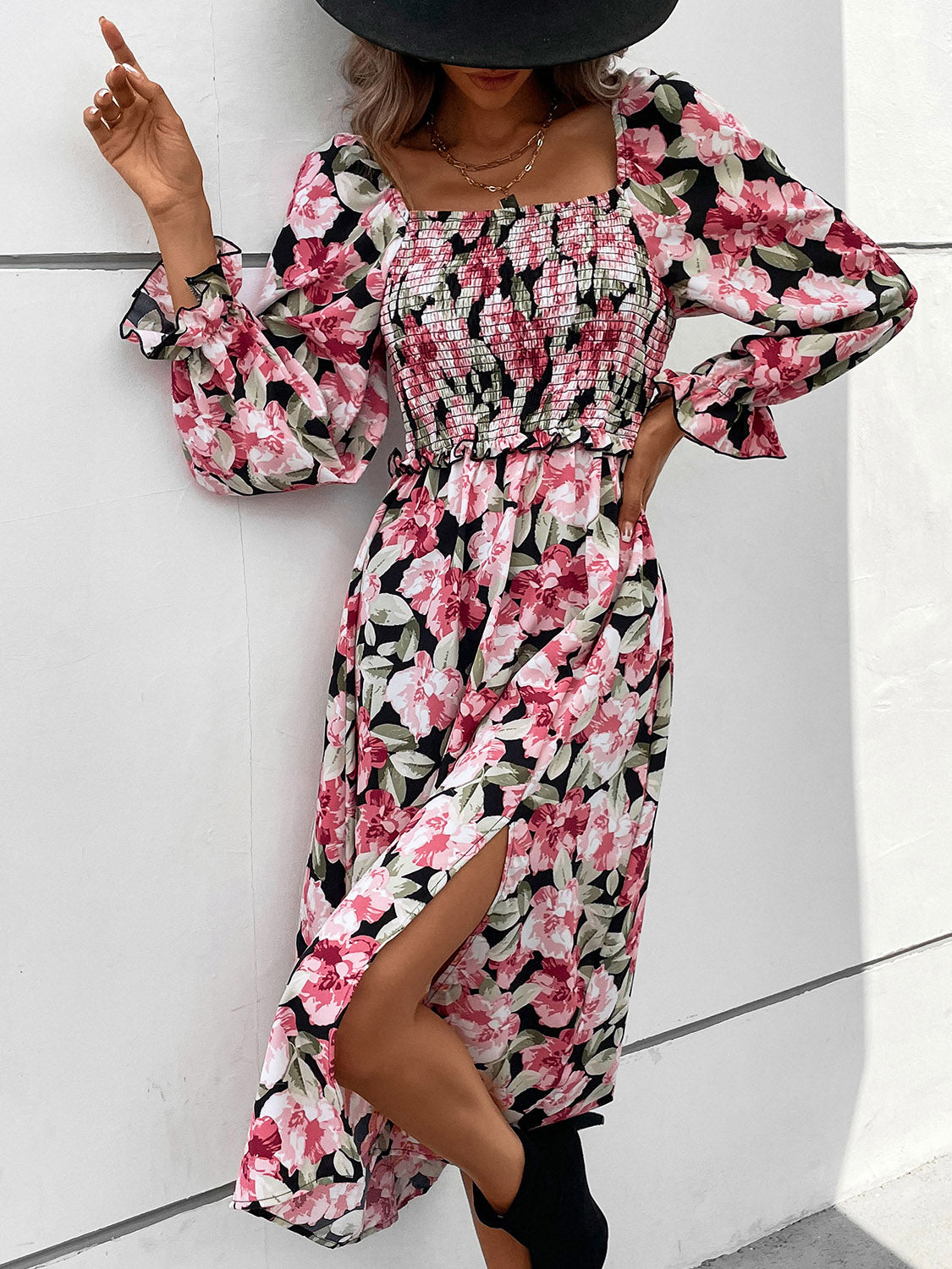 Perfee Slit Smocked Floral Flounce Sleeve Dress.