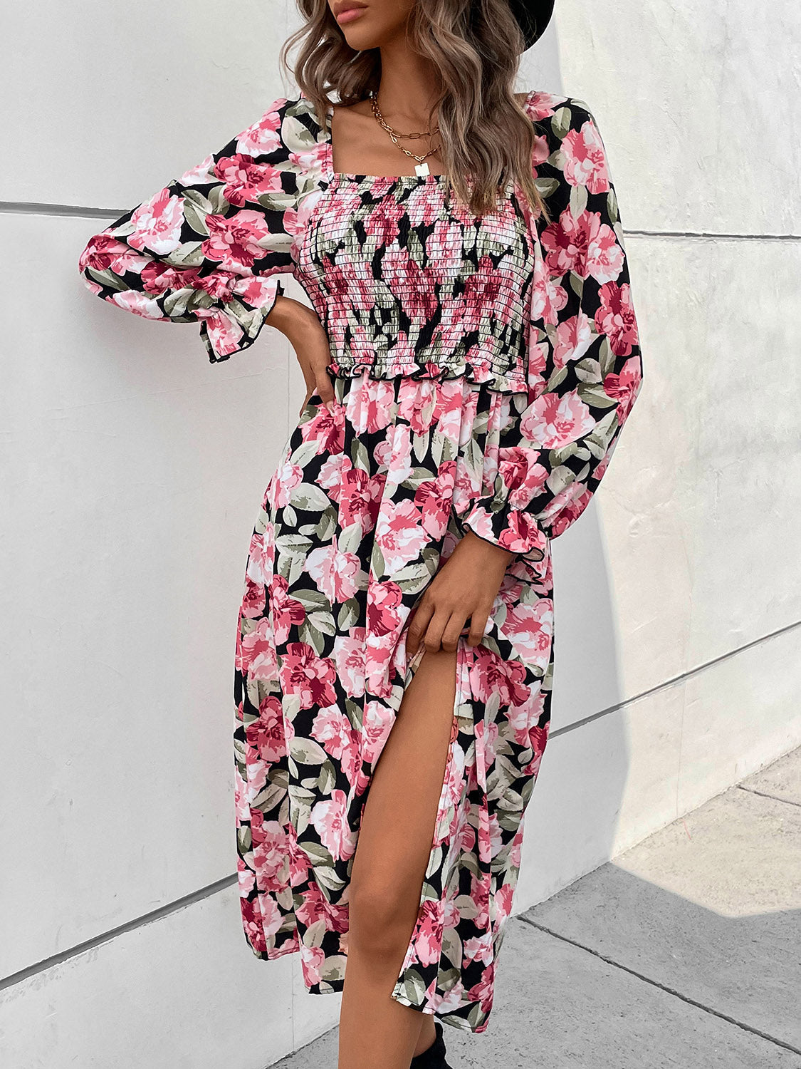 Perfee Slit Smocked Floral Flounce Sleeve Dress.