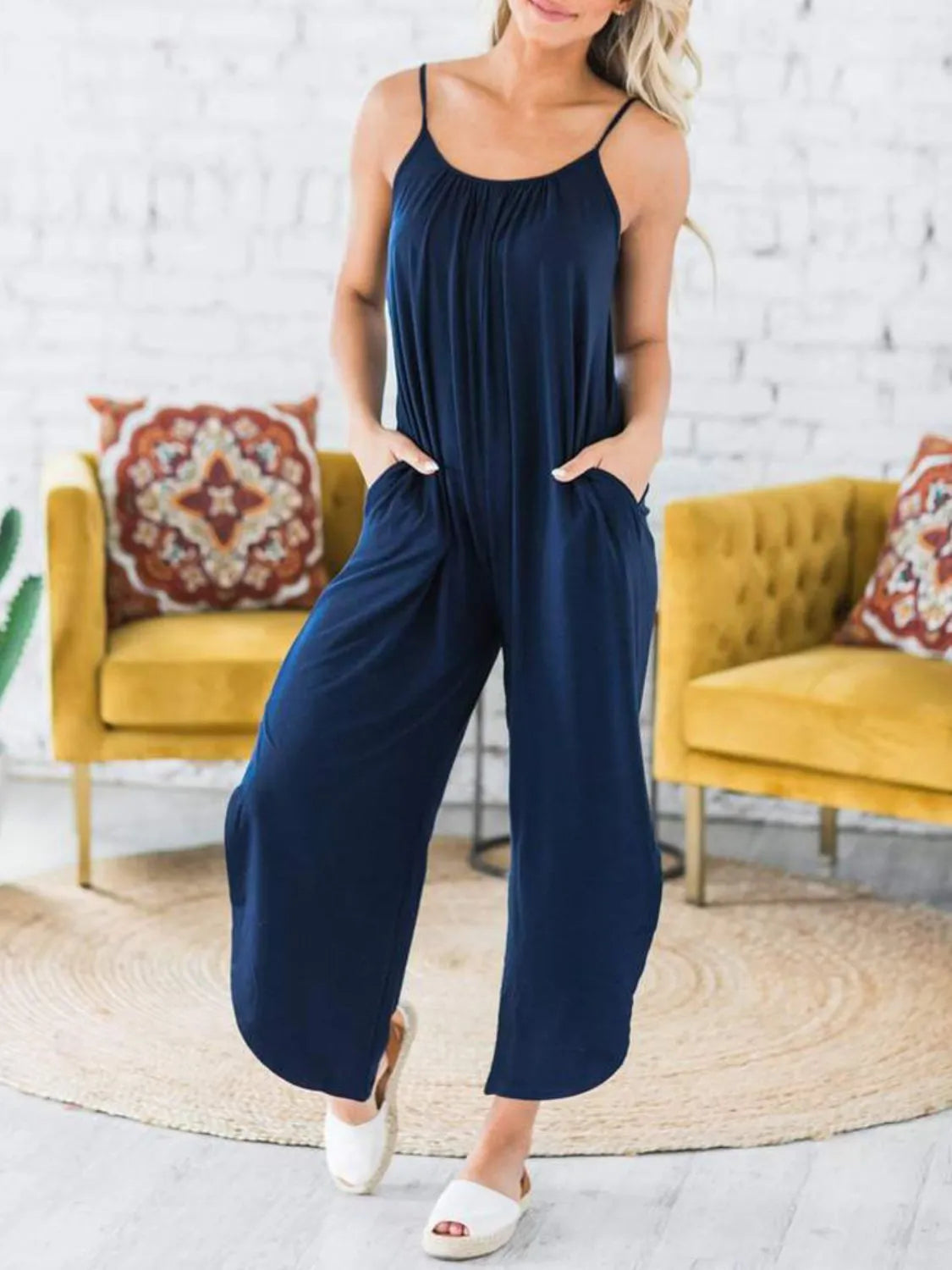 Slit Spaghetti Strap Jumpsuit with Pockets.