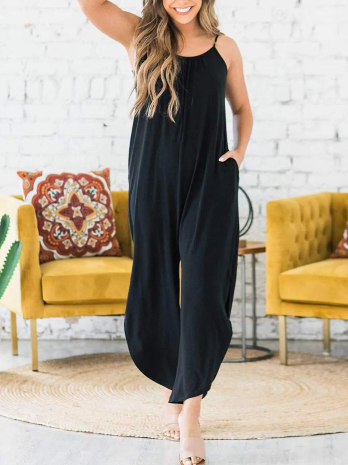 Slit Spaghetti Strap Jumpsuit with Pockets.