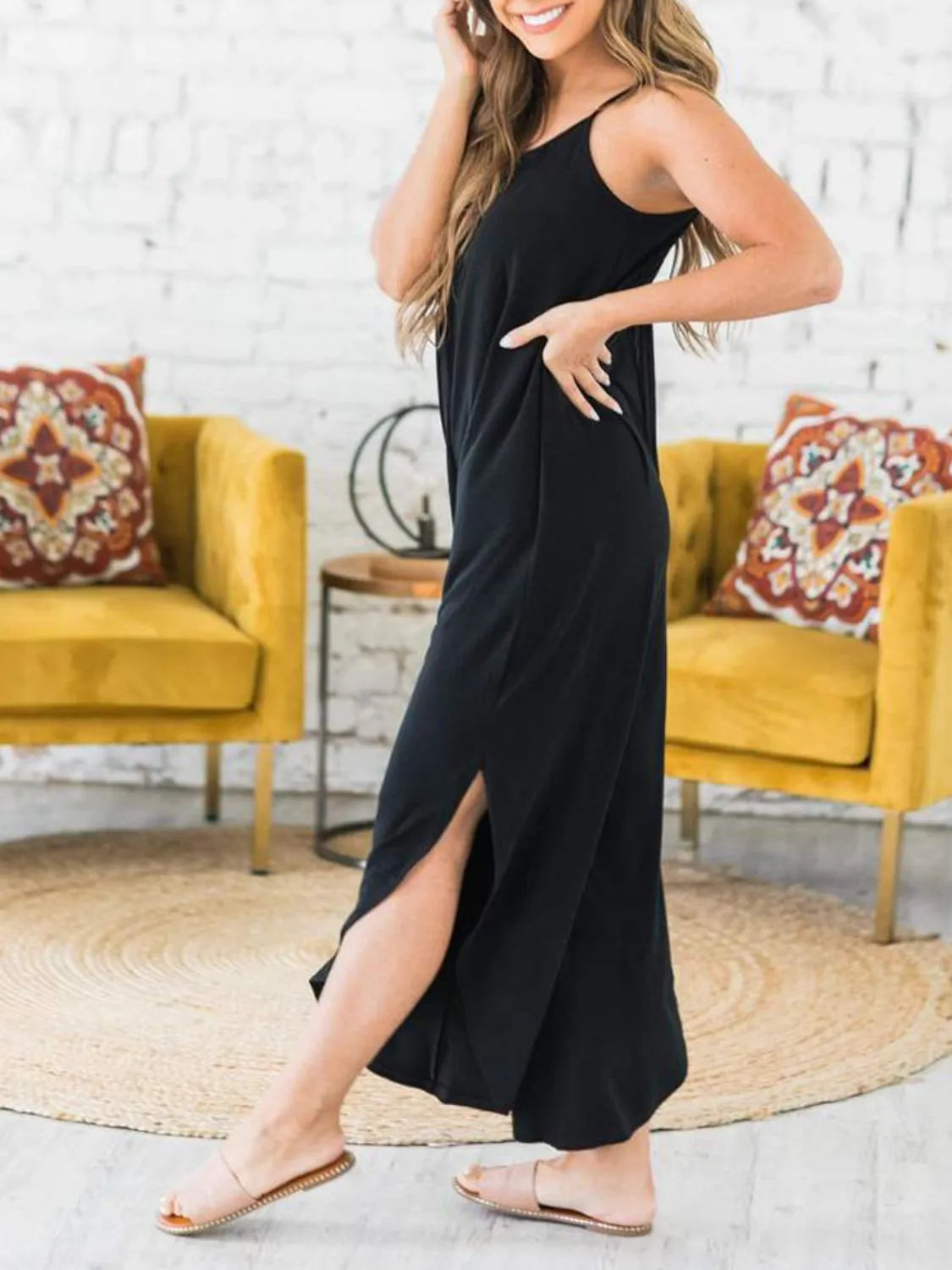 Slit Spaghetti Strap Jumpsuit with Pockets.