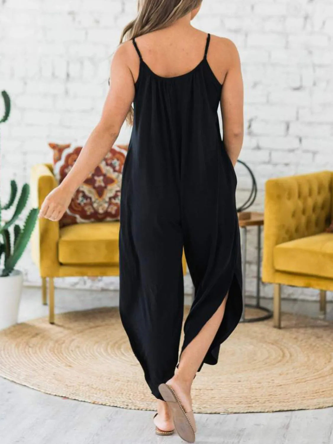 Slit Spaghetti Strap Jumpsuit with Pockets.