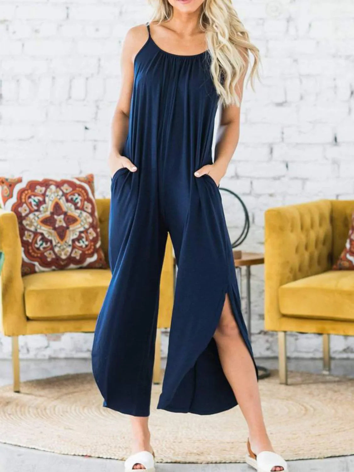 Tied Shoulder Straps Wide-Leg Geo Print Jumpsuit with Pockets.