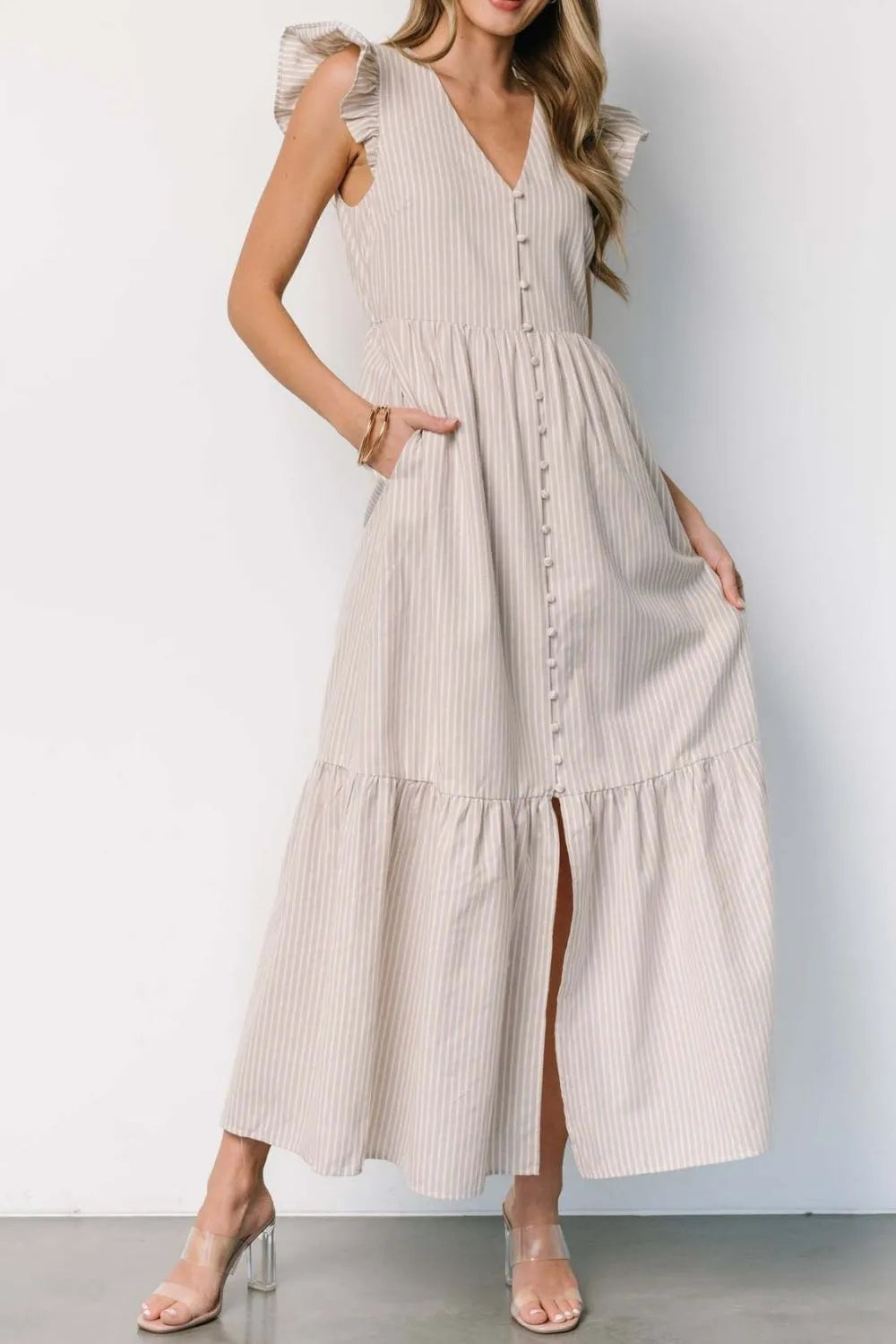 Slit Striped V-Neck Ruffled Cap Sleeve Dress.