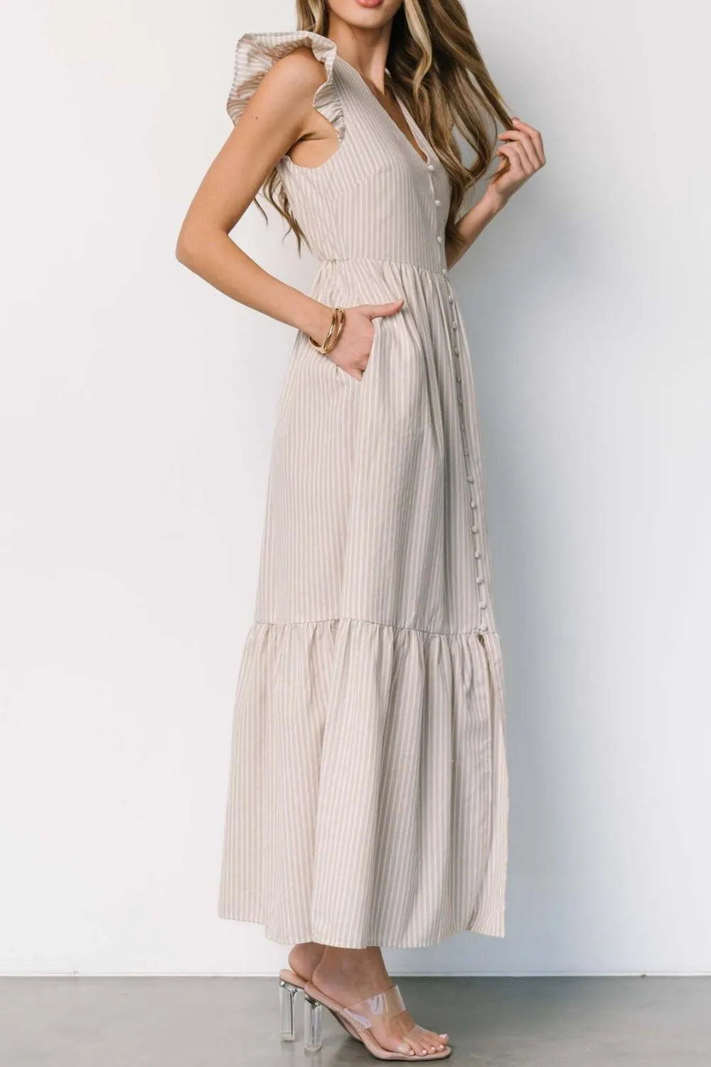 Slit Striped V-Neck Ruffled Cap Sleeve Dress.