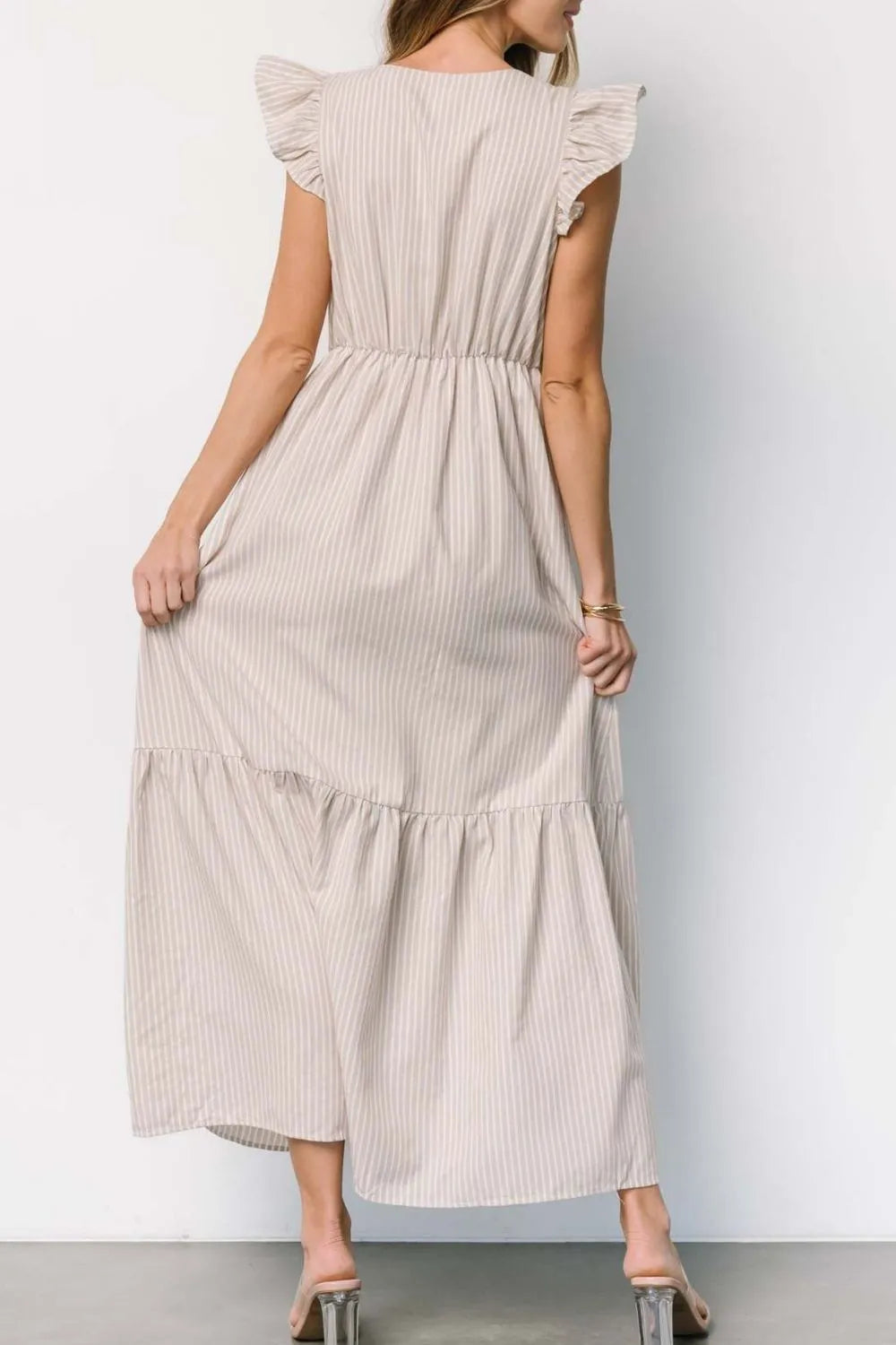 Slit Striped V-Neck Ruffled Cap Sleeve Dress.