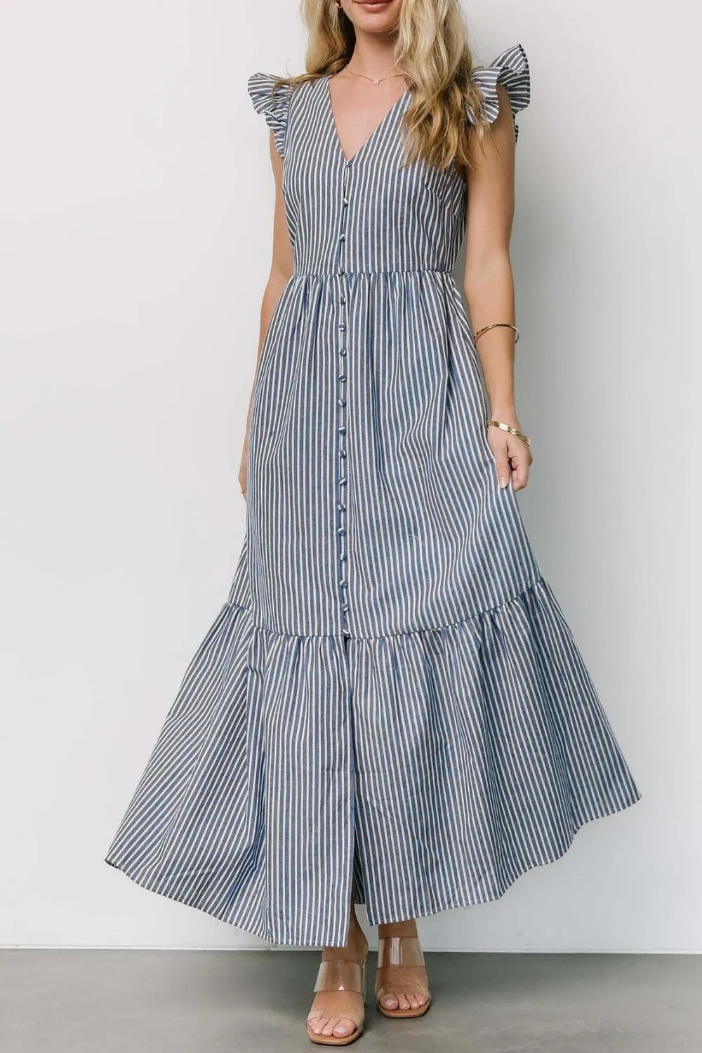 Slit Striped V-Neck Ruffled Cap Sleeve Dress.