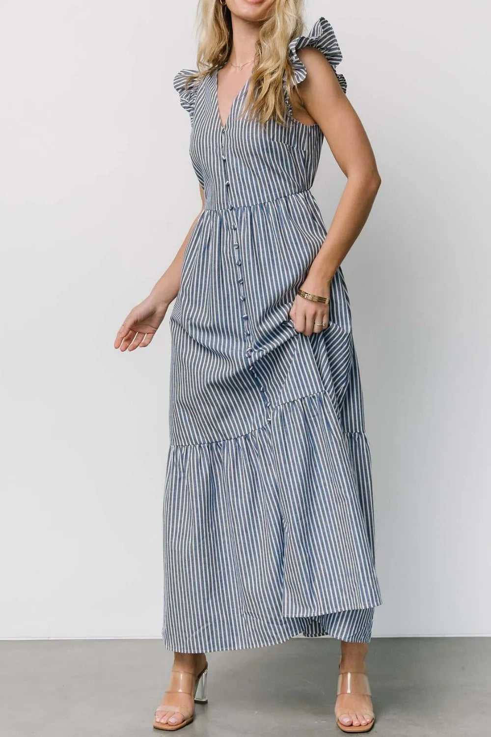 Slit Striped V-Neck Ruffled Cap Sleeve Dress.