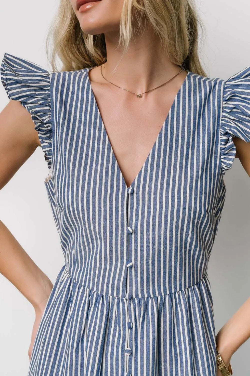 Slit Striped V-Neck Ruffled Cap Sleeve Dress.