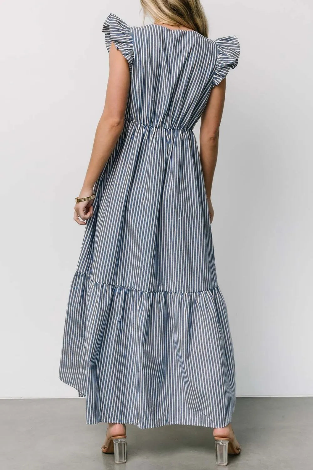 Slit Striped V-Neck Ruffled Cap Sleeve Dress.