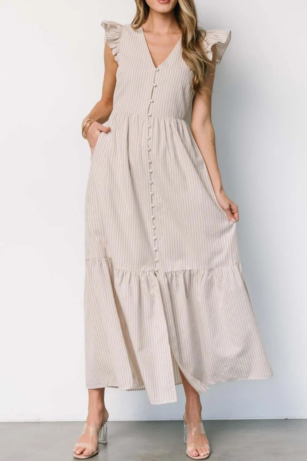 Slit Striped V-Neck Ruffled Cap Sleeve Dress.