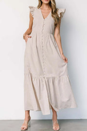 Slit Striped V-Neck Ruffled Cap Sleeve Dress.