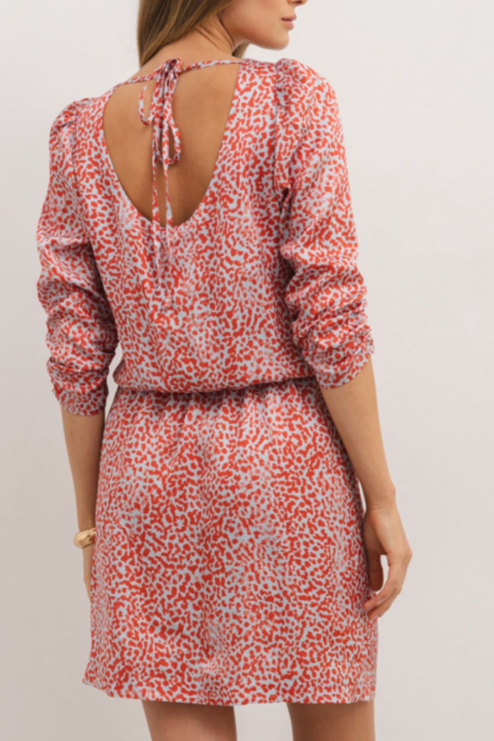 Slit Tied Printed Round Neck Mini Dress.