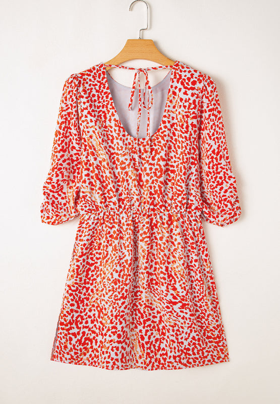Slit Tied Printed Round Neck Mini Dress.