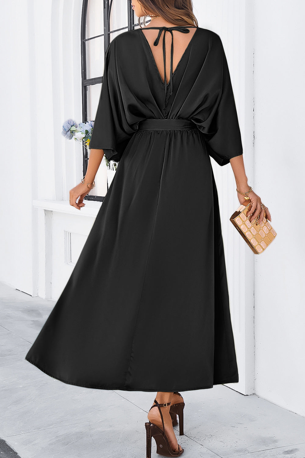 Devine Slit Tied V-Neck Three-Quarter Sleeve Dress.