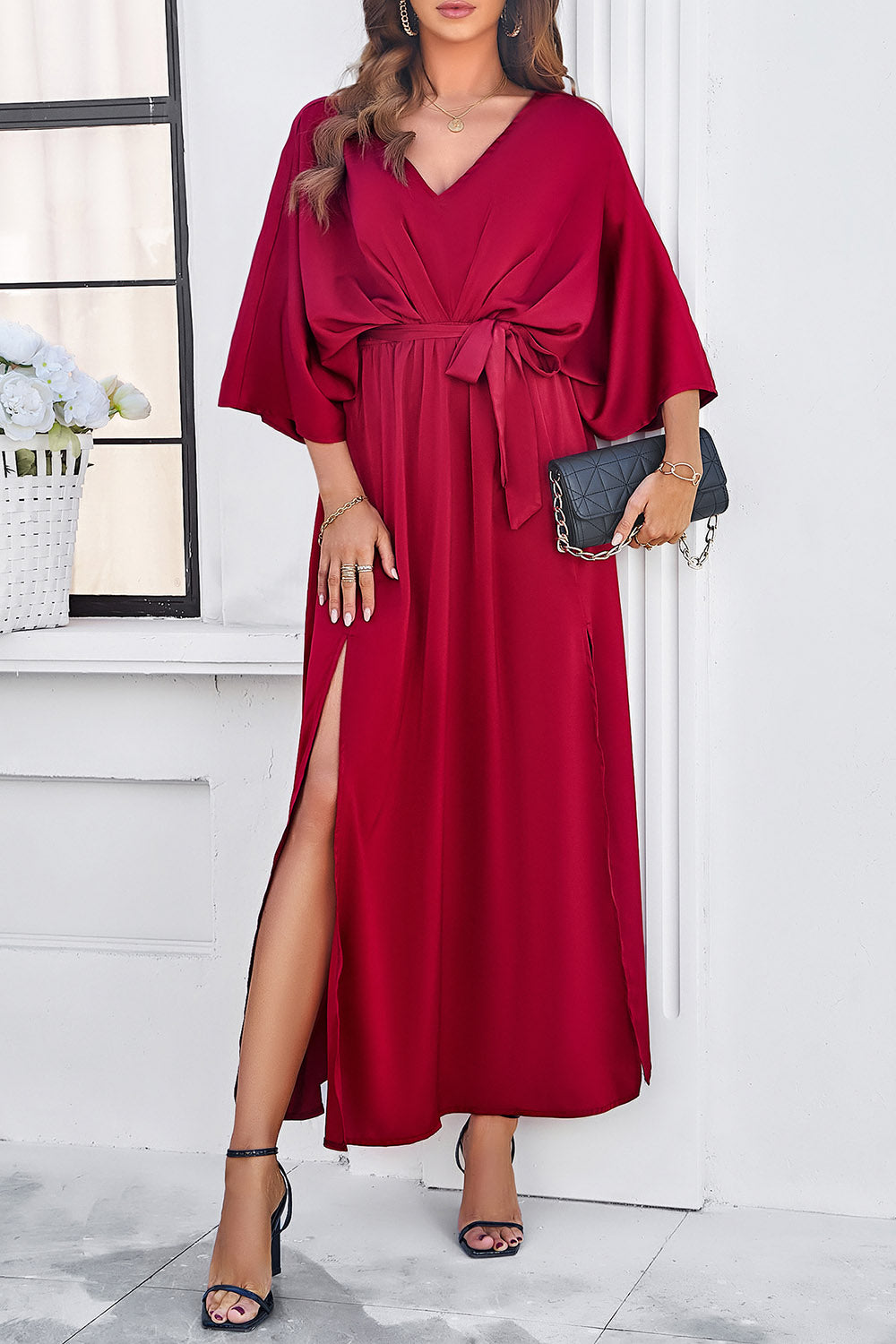 Devine Slit Tied V-Neck Three-Quarter Sleeve Dress.